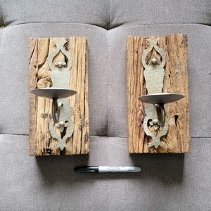 Pair Reclaimed Wood/Silver Ornate Tealight/Votive Sconces